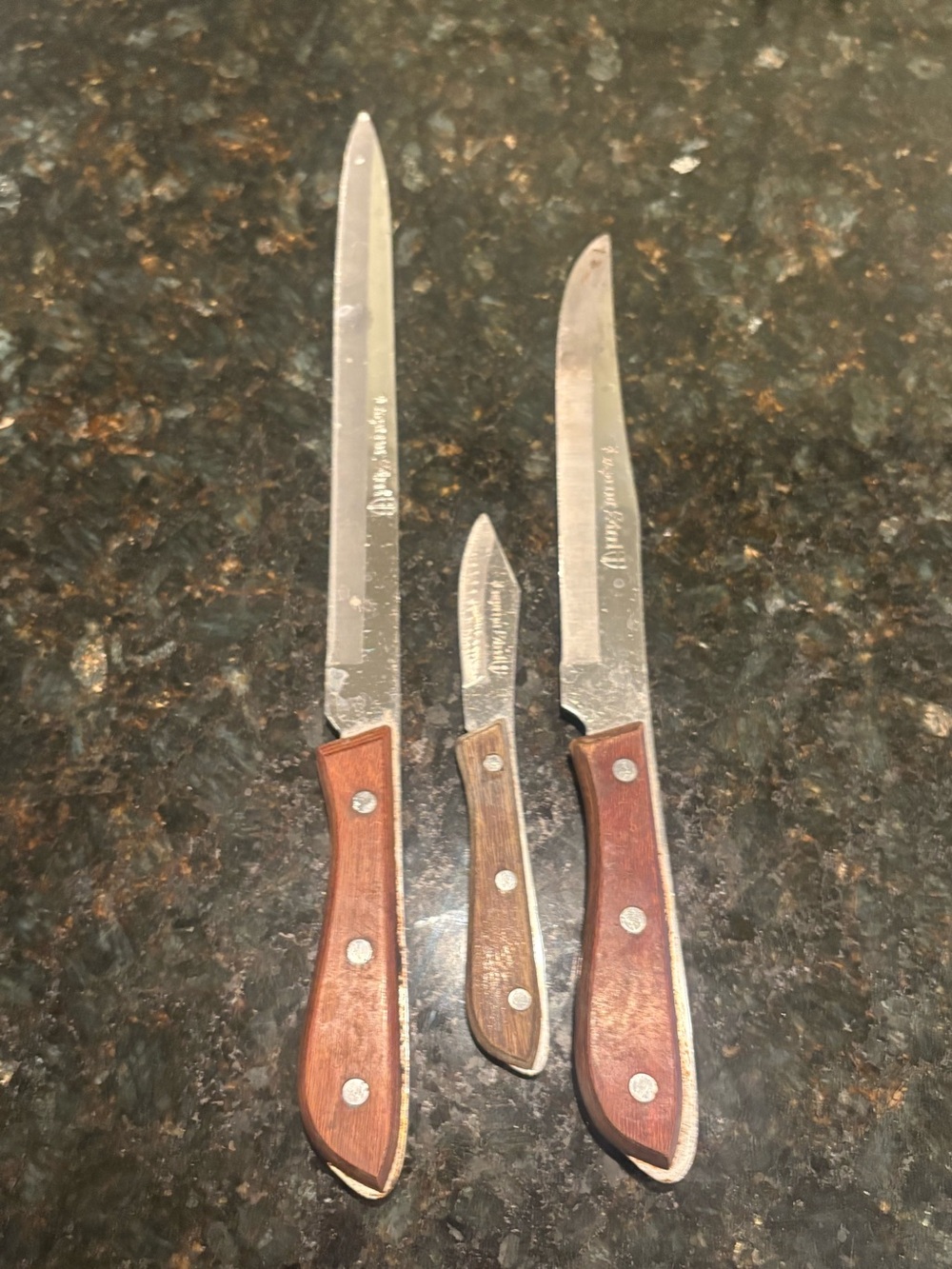 Vintage Emperor Steel 3 Pc Kitchen Knife Set Wood Handles Carving Utility